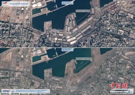 黎巴嫩首都爆炸前后对比 港口炸出豁口周围夷为平地。图片来源：中新网