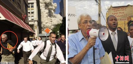　左：2001年9月11日，史蒂芬·库伯逃离灾难现场。右：“9·11”过后，库伯致力于为社区发声。