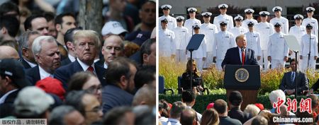 　　左：2016年9月11日，当时还是美国共和党总统候选人的特朗普出席“9·11”纪念活动。右：2019年9月11日，特朗普以美国总统身份在五角大楼悼念仪式上发表讲话。